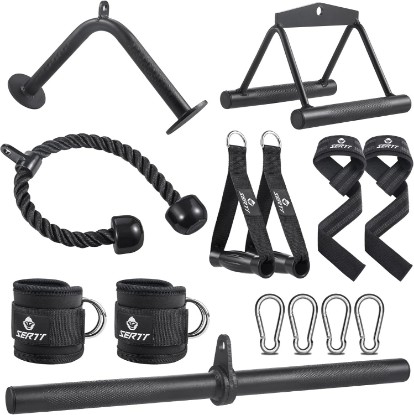 Picture of SERTT Workout Cable Machine Attachment for Home Gym, LAT Pulldown Attachments, Cable Accessories for Weight Training, Straight Pull Down Bar, Tricep Rope, Double D Row Handle, V-Shaped Bar