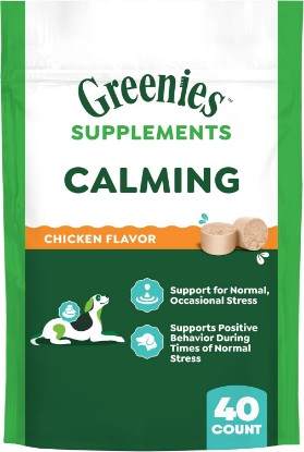 Picture of Greenies Supplements Calming Chews for Dogs, Chicken Flavor, 40 Count | L-Tryptophan & L-Theanine, supports positive behavior, made in USA, NASC Quality Seal, real chicken, no fillers