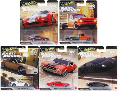 Picture of Hot Wheels Premium Fast & Furious 25th Anniversary Die-Cast Cars, Set of 5, Mazda RX-7, Custom Chevy, Chevelle, Honda Del Sol, Lamborgini Aventador,1:64 Scale HNW46-956P