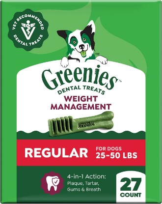 Picture of Greenies Weight Management Regular Size Natural Dental Dog Treats, 27 Count | Veterinarian-recommended, clinically-proven, cleaner teeth after 28 days, low fat, for dogs 25-50 lbs