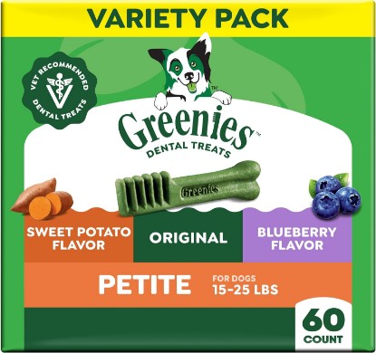 Picture of Greenies Petite Dental Dog Treats, Flavor Variety Pack, 60 Count | Veterinarian-recommended, Original, Blueberry, Sweet Potato flavors, (3) 12 oz. packs, for dogs 15-25 lbs, freshens breath