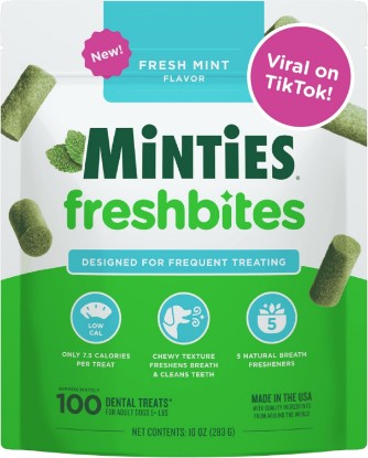 Picture of Minties FreshBites Soft and Chewy Dental Treats, Low Calorie Natural Mint Flavored Dental Chews for Dogs, 100 Count, Dog Chews Clean Teeth, Fight Bad Breath, Removes Plaque and Tartar