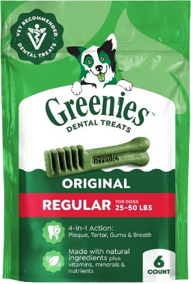 Picture of Greenies Regular Dental Dog Treats, Original Chicken Flavor, 6 Count | Vet-recommended, cleaner teeth after 28 days, cleans to gumline, for dogs 25-50 lbs, original chicken flavor