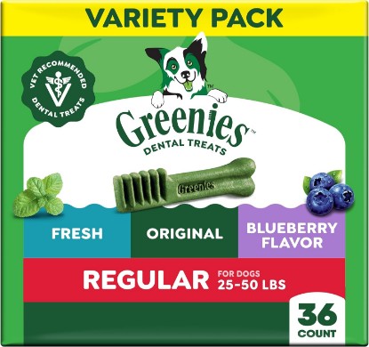 Picture of Greenies Regular Dental Dog Treats, Mint, Original, & Blueberry, 36 count | Vet-recommended, Fresh, Original, Blueberry flavors, cleaner teeth in 28 days, for dogs 25-50 lbs, (3) 12 oz. packs