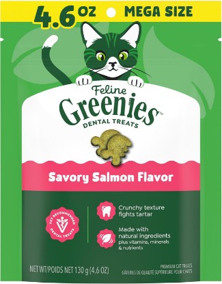 Picture of Greenies Feline Natural Crunchy Dental Cat Treats, Salmon Flavor, 4.6 oz | #1 vet-recommended, clinically-proven oral care, cleans teeth and freshens breath, cleans to gumline, natural ingredients