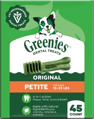 Picture of Greenies Petite Natural Dental Dog Treats, Original Flavor, 45 Count | Vet-recommended, cleaner teeth after 28 days, cleans to gumline, for dogs 15-25 lbs, original chicken flavor