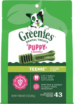 Picture of Greenies Puppy Teenie Natural Dental Dog Treats, Original Flavor, 43 Count | Vet-recommended, clinically-proven, for puppies 6 months+, cleans to gumline, DHA & calcium, puppy dog treats, dogs 5-15 lbs