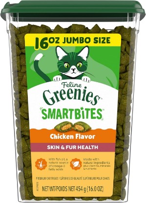 Picture of Greenies Cat Treats, Feline Smartbites, Skin & Fur Health, Crunchy and Soft Cat Treats, Chicken Flavor, 16 oz. Tub