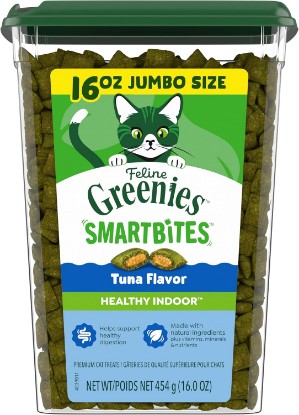Picture of Greenies Feline Smartbites Healthy Indoor Cat Treats, Tuna, 16 oz | Veterinarian-recommended, Fiberblend Formula, supports digestion, under 2 cal per treat, natural ingredients, dual texture