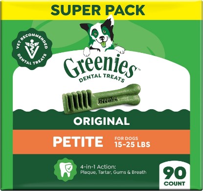 Picture of Greenies Petite Natural Dental Dog Treats, Original Flavor, 90 Count | Vet-recommended, cleaner teeth after 28 days, cleans to gumline, for dogs 15-25 lbs, original chicken flavor