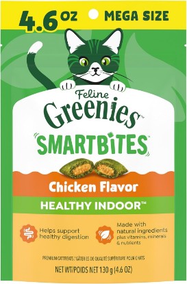 Picture of Greenies Feline Smartbites Healthy Indoor Cat Treats, Chicken, 4.6 oz | Veterinarian-recommended, Fiberblend Formula, supports digestion, under 2 cal per treat, natural ingredients, dual texture