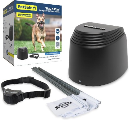 Picture of PetSafe Stay & Play Compact Wireless Dog Fence, Up to 3/4 Acre | No-Dig, Portable Boundary Fence for Dogs 5 Lb and up, LCD Display Shows Play Area Range