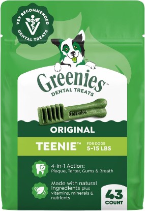 Picture of Greenies Teenie Original Natural Dental Dog Treats, Chicken, 43 Count | Vet-recommended, cleaner teeth after 28 days, cleans to gumline, for dogs 5-15 lbs, original chicken flavor