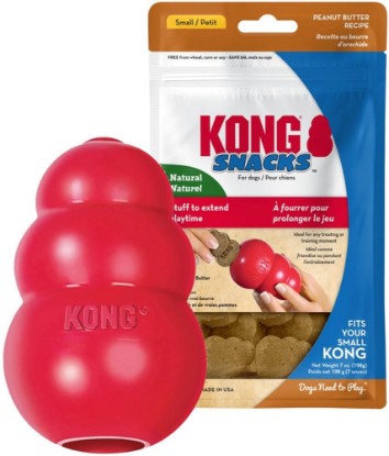 Picture of KONG Classic Dog Toy Small Peanut Butter Snacks Dog Treats 7 oz – Durable Chew Toy & Natural Treats Combo Bundle for Small Dogs