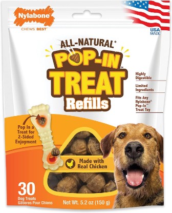 Picture of Nylabone Pop-In Treat Toy Chicken Dog Treat Refills, 30 Count | Made with real chicken, fits any Nylabone Pop-In Treat Toy, all-natural dog treats, highly digestible, limited ingredients