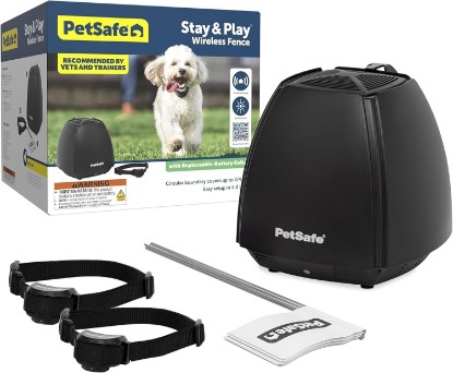 Picture of PetSafe Stay & Play Wireless Fence, 2 Dog, Up to 3/4 Acre | Includes 2 Replaceable-Battery Collars & Boundary Flags, No Digging/Burying Wire, Portable Design, Dogs 5 lb+, Neck 6-28 in