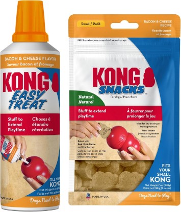Picture of KONG Dog Treats Combo Pack - Includes Bacon/Cheese Snacks & Easy Treat Bacon/Cheese Spray - Toy Filler - for Training, Playtime & More - for Small/Medium Dogs