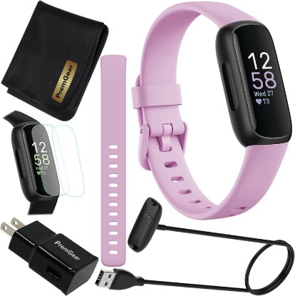 Picture of Fitbit Inspire 3 Health & Fitness Activity Tracker (Lilac Bliss) with Workout Intensity, Sleep Tracking, Heart Rate, 2 Bands, 3.3foot Charging Cable, Wall Adapter, Screen Protectors & PremGear Cloth