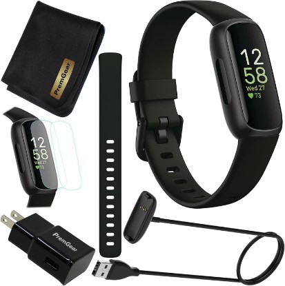 Picture of Fitbit Inspire 3 Health & Fitness Activity Tracker (Black) with Workout Intensity, Sleep Tracking, Heart Rate, S & L Bands, 3.3foot Charging Cable, Wall Adapter, Screen Protectors & PremGear Cloth