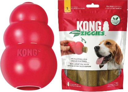 Picture of KONG Classic Toy and Enhanced Ziggies Treats Combo, for Small Dogs | Durable Stuffable Classic Toy Paired with Enhanced Ziggies Treats for Fun, Enrichment & Dental Health