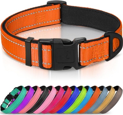 Picture of Joytale Reflective Dog Collar, Adjustable Neoprene Padded, Orange M | Breathable Nylon for Medium Dogs, No Chafing on Walks and Backyard Play, All-Day Comfort, Metal D-Ring, Night Safety Global Recycled Standard