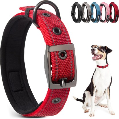 Picture of PetiFine Dog Collar with Metal Buckle, Heavy Duty Dog Collar with Soft Neoprene Padded, Adjustable Reflective Nylon Dog Collars for Small Medium Large Dogs, Red,S
