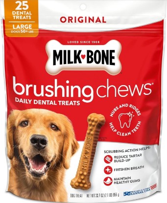 Picture of Milk-Bone Brushing Chews Large Daily Dental Dog Treats, 33.7 oz Bag | 25 treats, chicken flavored, VOHC accepted dental chews, helps clean teeth and freshen breath, for large dogs 50 lbs and up
