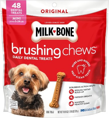 Picture of Milk-Bone Brushing Chews Mini Daily Dental Dog Treats, 18.9 oz Bag | 48 treats, original chicken flavor, VOHC accepted dental chews, helps clean teeth and freshen breath, for small dogs 5–24 lbs