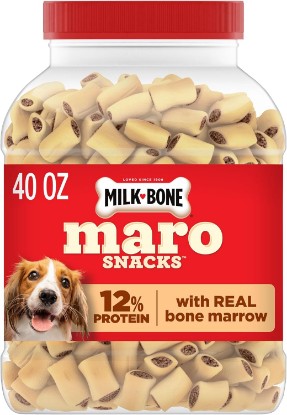 Picture of Milk-Bone MaroSnacks Peanut Butter Flavor Dog Treats, 40 oz Canister | Made with real bone marrow, crunchy outside & meaty flavor inside, 9.5 calories each, training treats, artificially flavored