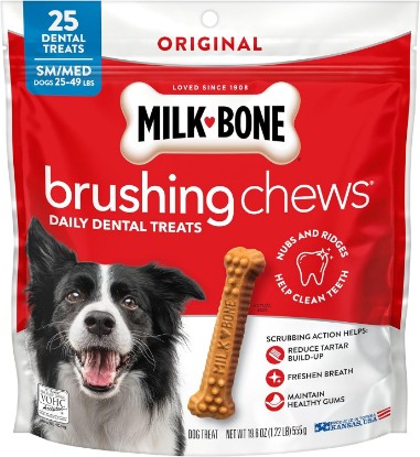 Picture of Milk-Bone Brushing Chews Small/Medium Daily Dental Dog Treats, 19.6 oz Bag | 25 treats, chicken flavored, VOHC accepted dental chews, helps clean teeth and freshen breath, small & medium dogs 25–49 lbs