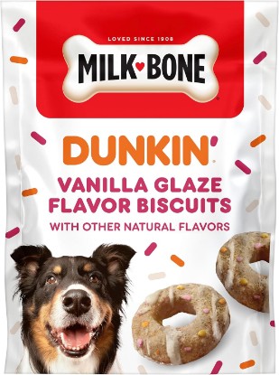 Picture of Milk-Bone Dunkin’ Vanilla Glaze Flavor Dog Biscuits, 8 Oz. | Vanilla glaze flavor with other natural flavors, Donut-inspired dog treats