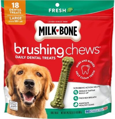 Picture of Milk-Bone Brushing Chews, Large, Fresh Flavor, 18 Dental Treats | 24.2-oz. bag, Daily dental dog treats, For dogs 50+ lbs., Fresh mint flavor