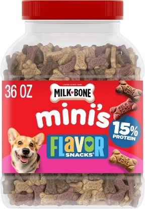 Picture of Milk-Bone Flavor Snacks Mini’s Dog Treats, 36 Oz. | 5 calories per treat, 15% protein, 3 flavors per canister (beef, chicken & bacon, naturally & artificially flavored)