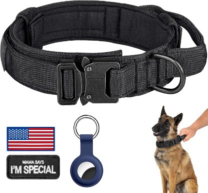 Picture of DAGANXI Tactical Dog Collar, Adjustable Military Training Nylon Dog Collar with Control Handle and Heavy Metal Buckle for Medium and Large Dogs, with Patches and Airtags Case (S, Black)
