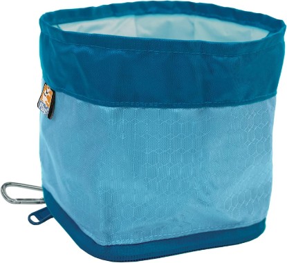 Picture of Kurgo Zippy Bowl Collapsible Travel Dog Bowl, 48 oz, Coastal Blue | Foldable Silicone Travel Bowl With Carabiner Clip, Zips Flat for Storage, BPA & Phthalate-Free, Machine Washable