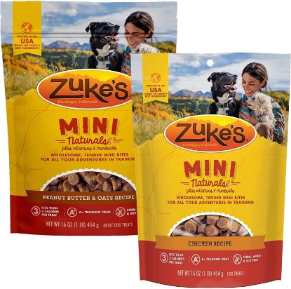 Picture of Zuke's Mini Naturals Tender Mini Bites Training Dog Treat Variety Pack, 1 Chicken Recipe, 1 Peanut Butter & Oats Recipe, 16-Ounce Resealable Pouch (2 CT)
