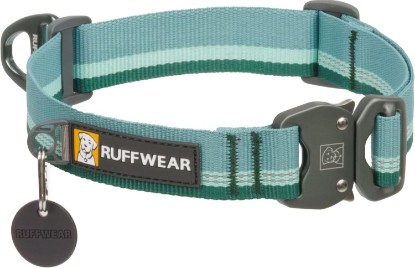 Picture of Ruffwear Top Rope Dog Collar, Metal Buckle, River Rock Green, 14"-20" | Premium Secure Stainless Steel Talon Buckle, Reflective, Adjustable Tubelok Webbing, Aluminum V-Ring & ID Tag Silencer