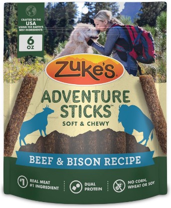 Picture of Zuke's Adventure Sticks Natural Dog Treats, Beef & Bison, 6 oz Pouch | Real meat dog treat sticks, soft and chewy, real beef as the first ingredient, great for rewarding or snacks on the go
