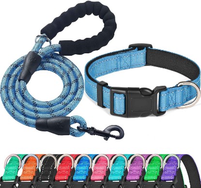 Picture of ladoogo Reflective Dog Collar Padded with Soft Neoprene Breathable Adjustable Nylon Dog Collars for Small Medium Large Dogs (Medium (Pack of 1), Blue Collar+Leash)