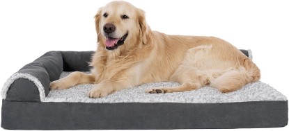 Picture of Furhaven Orthopedic Dog Bed for Large Dogs w/ Removable Bolsters & Washable Cover, For Dogs Up to 95 lbs - Two-Tone Plush Faux Fur & Suede L Shaped Chaise - Stone Gray, Jumbo/XL