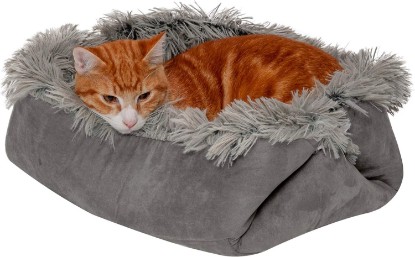 Picture of Furhaven Self-Warming Cat Bed for Indoor Cats, 4-Beds-in-1 & Washable - Plush Long Faux Fur Convertible Cuddler - Gray, Small