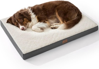 Picture of Bedsure Washable Dog Beds Large Sized Dog with Comfy Sherpa, 36x27in Grey | Orthopedic Egg Crate Foam,Comfort Support Flat Rectangle Pet Mat,Non-Slip Bottom,Removable Cover,For Large Breed Up to 55 lbs