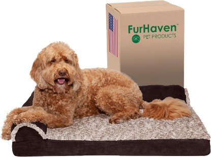 Picture of Furhaven Orthopedic Dog Bed for Large/Medium Dogs w/ Removable Bolsters & Washable Cover, For Dogs Up to 55 lbs - Two-Tone Plush Faux Fur & Suede L Shaped Chaise - Espresso, Large