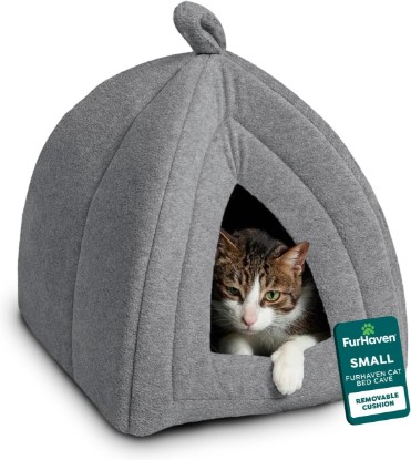 Picture of Furhaven Cat Bed Cave for Indoor Cats & Small Dogs, Washable & Foldable Pet Tent with Removable Cushion, Small, Polar Fleece, Heather Gray