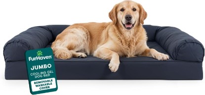 Picture of Furhaven Cooling Gel Dog Bed for Large Dogs w/ Removable Bolsters & Washable Cover, For Dogs Up to 95 lbs - Quilted Sofa - Iron Gray, Jumbo/XL