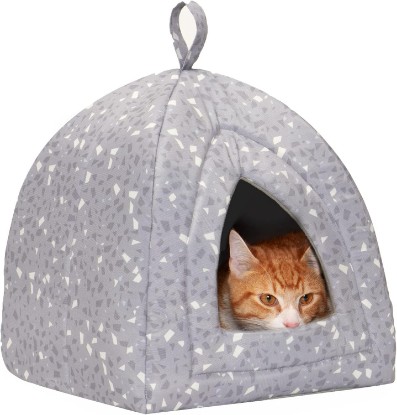 Picture of Furhaven Cat Bed Cave for Indoor Cats & Small Dogs, Washable & Foldable w/ Removable Cushion - Polycanvas Print Pet Tent - Gray Terazzo, Small