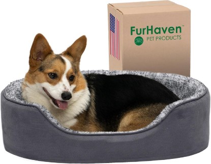 Picture of Furhaven Dog Bed for Large/Medium Dogs w/ Removable Washable Cover & Pillow Cushion Insert, For Dogs Up to 30 lbs - Two-Tone Faux Fur & Suede Oval Lounger - Gray, Large