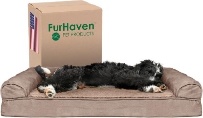Picture of Furhaven Cooling Gel Dog Bed for Large/Medium Dogs w/ Removable Bolsters & Washable Cover, For Dogs Up to 55 lbs - Plush & Suede Sofa - Almondine, Large