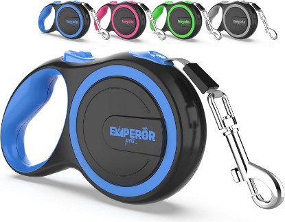 Picture of EMPEROR PETS Retractable Dog Leash, 26 ft, Up to 110lbs, Blue -BL26 | Heavy-duty leash for large dogs to 110 lbs, great for hikes & parks. Anti-slip grip, tangle-free tape, 360° swivel hook