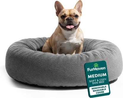 Picture of Furhaven Orthopedic Fur Ball Dog Bed for Medium Dogs, Refillable Beanbag-Style Nesting Bed with Removable Washable Cover & Liner, Medium, Plush Faux Fur, Gray Mist